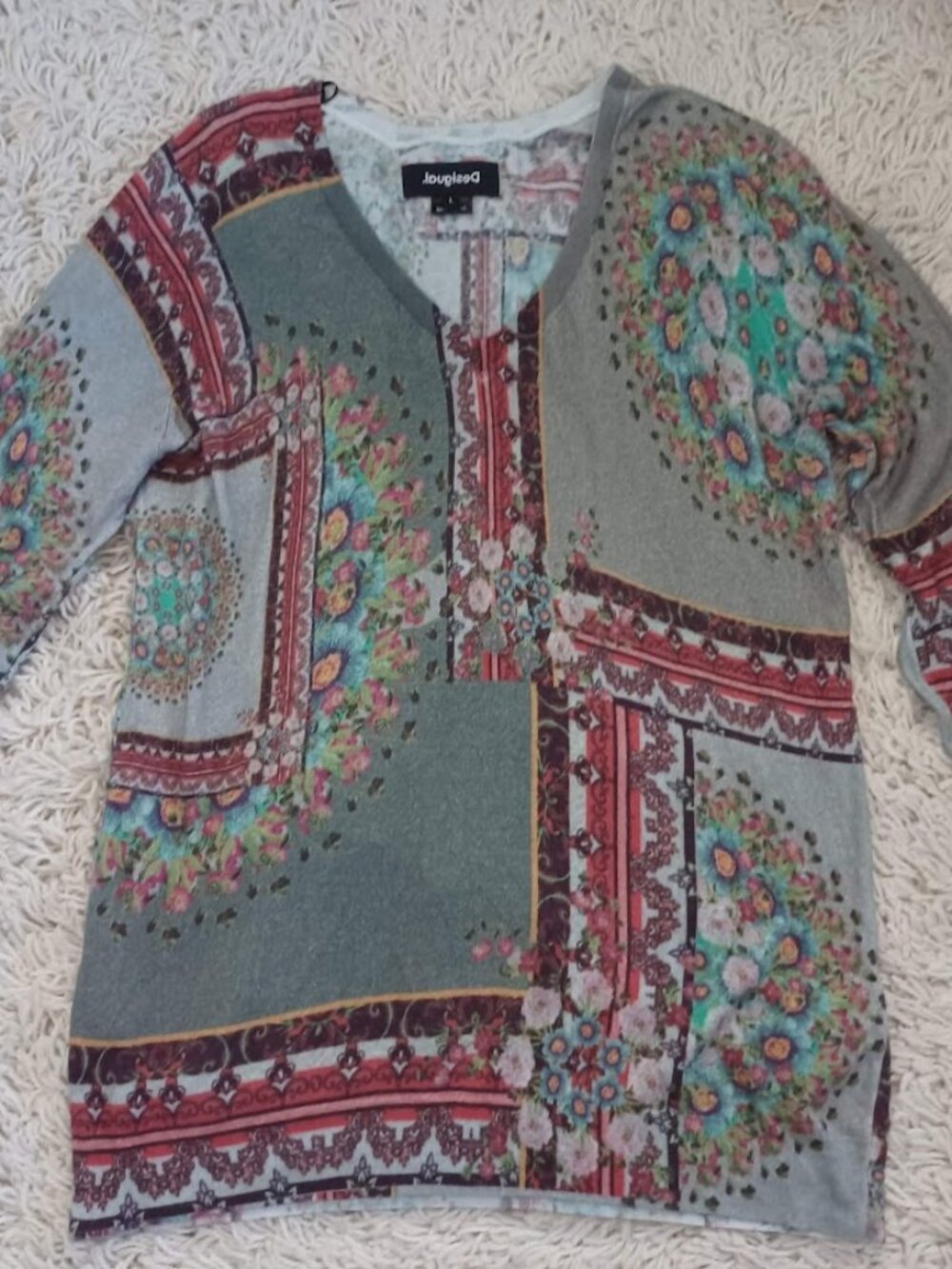 Desigual Womens L Sweater Floral Patchwork Boho Artsy Multicolor Long Sleeve